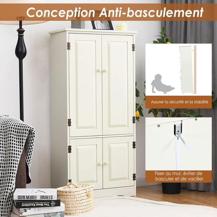 Armario de almacenamiento vintage COSTWAY de MDF con 2 estantes ajustables (5 posiciones) y 2 puertas, dispositivo antivuelco, blanco.