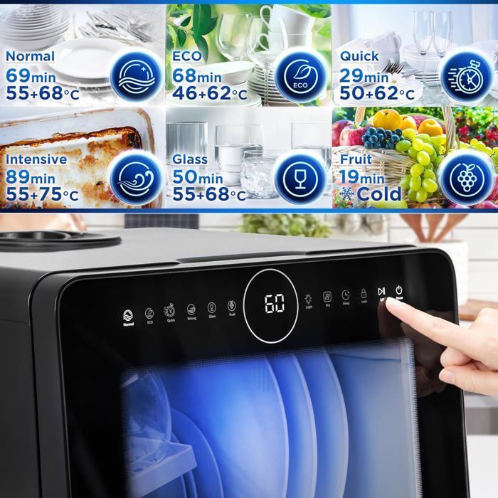 Lavastoviglie da tavolo Duronic DW5 BK da 950 W, compatta e portatile, ideale per cucine di piccole dimensioni, con 7 programmi.