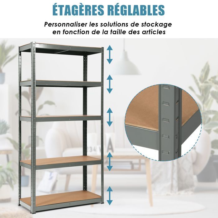 Mueble de almacenamiento multiusos COSTWAY, capacidad de carga de 875 kg, 5 estantes ajustables, estantería para garaje, taller, cocina o almacén, color gris.
