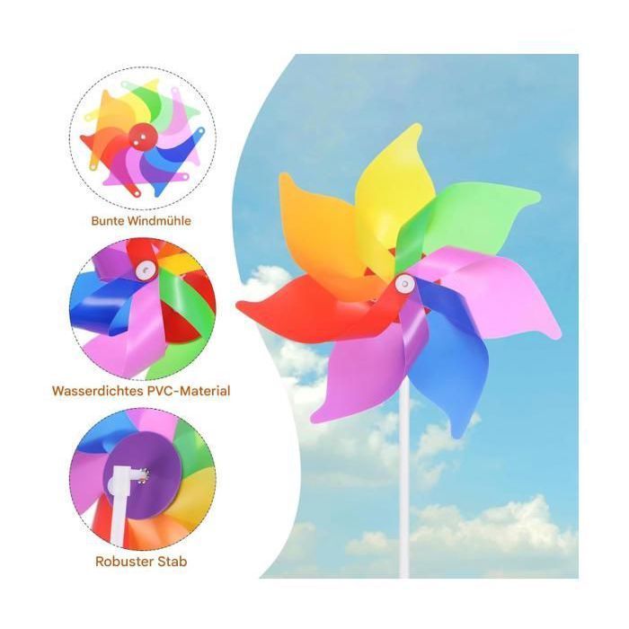 Lot de 6 moulins à vent multicolores pour balcon, arc-en-ciel, pour enfants, convient pour le jardin, extérieur, Mult MOULIN A VENT