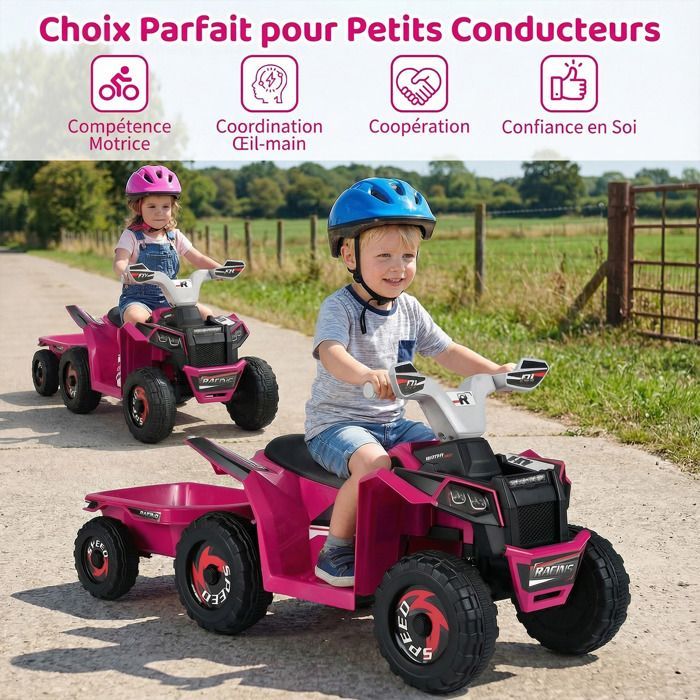 COSTWAY 6V 4,5Ah elektrische quad voor kinderen met afneembare aanhanger, 6 antislipwielen, knop- en pedaalbediening, 30 kg, geschikt voor kinderen vanaf 3 jaar, rood