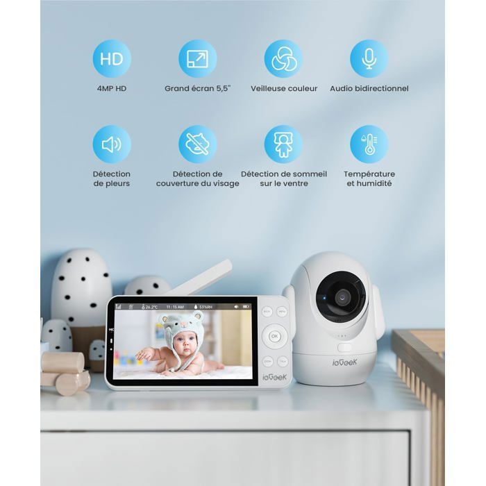 ieGeek 2.5K Babyphone Camera avec Veilleuses Colorées, 5.5