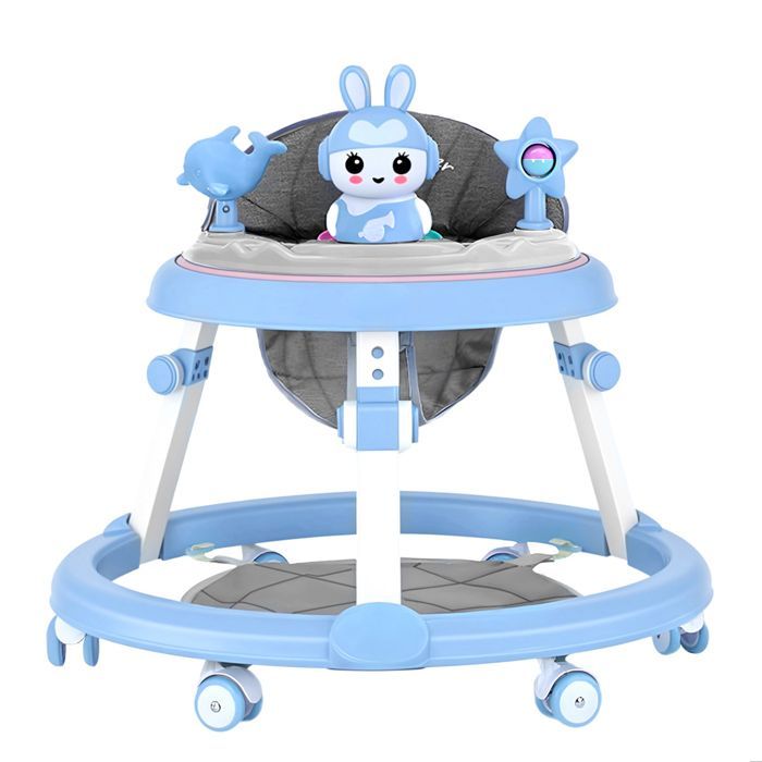 FLASIDU Verstelbare Opvouwbare Muzikale Loopstoel voor Baby's, 6-18 Maanden, 5 Verstelbare Kussenstanden, Blauw, 53*66cm