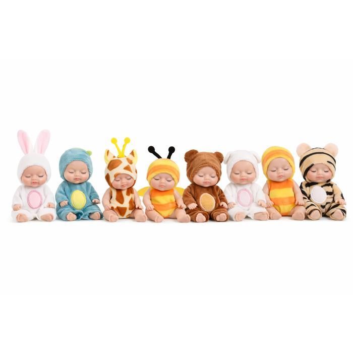 Conjunto de 6 mini muñecos estilo reborn de 11 cm con trajes de animales: Abeja, Conejo, Oso, Jirafa, Alce, Tigre.
