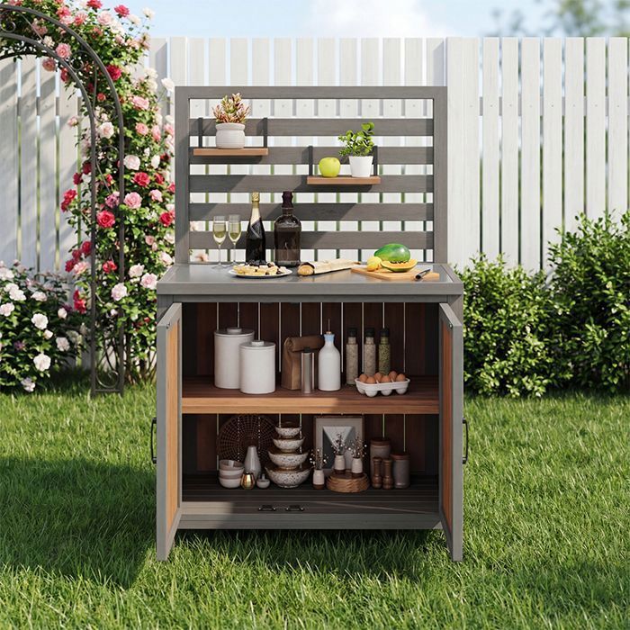 Meuble Rangement Jardin Outdoor Noir - Armoire Météo avec Plan Travail Inox, Grande Tiroir, Étagères Réglables, Anti-Basculement