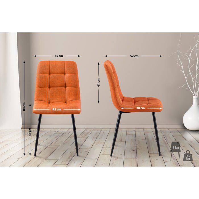 Chaise de salle a manger x1 coutures decoratives carrees en tissu orange et metal noir 10_0002143