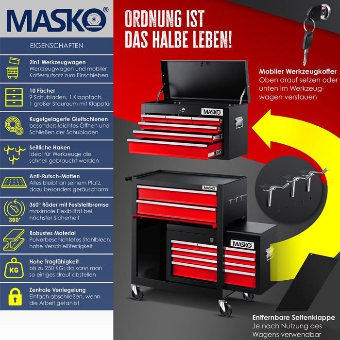 Carrinho de Oficina MASKO® | Carrinho para Ferramentas com 9 Gavetas Traváveis e Fechadura, Vermelho