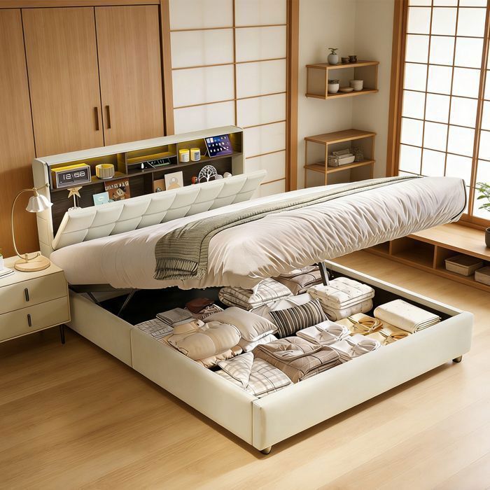 Cama doble moderna de 140 x 190 cm. Estructura de cama, somier de láminas tapizado, cabecero, con LED y USB, cama con espacio de almacenamiento - YubNct