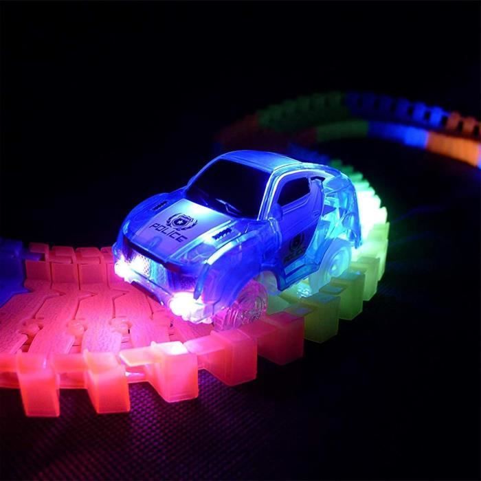 Circuit Voitures de Courses,Circuit Voiture Enfant,Pack de 3 (Voiture de Course Rouge Vert,Voiture de Police Bleu) avec 5 lumières