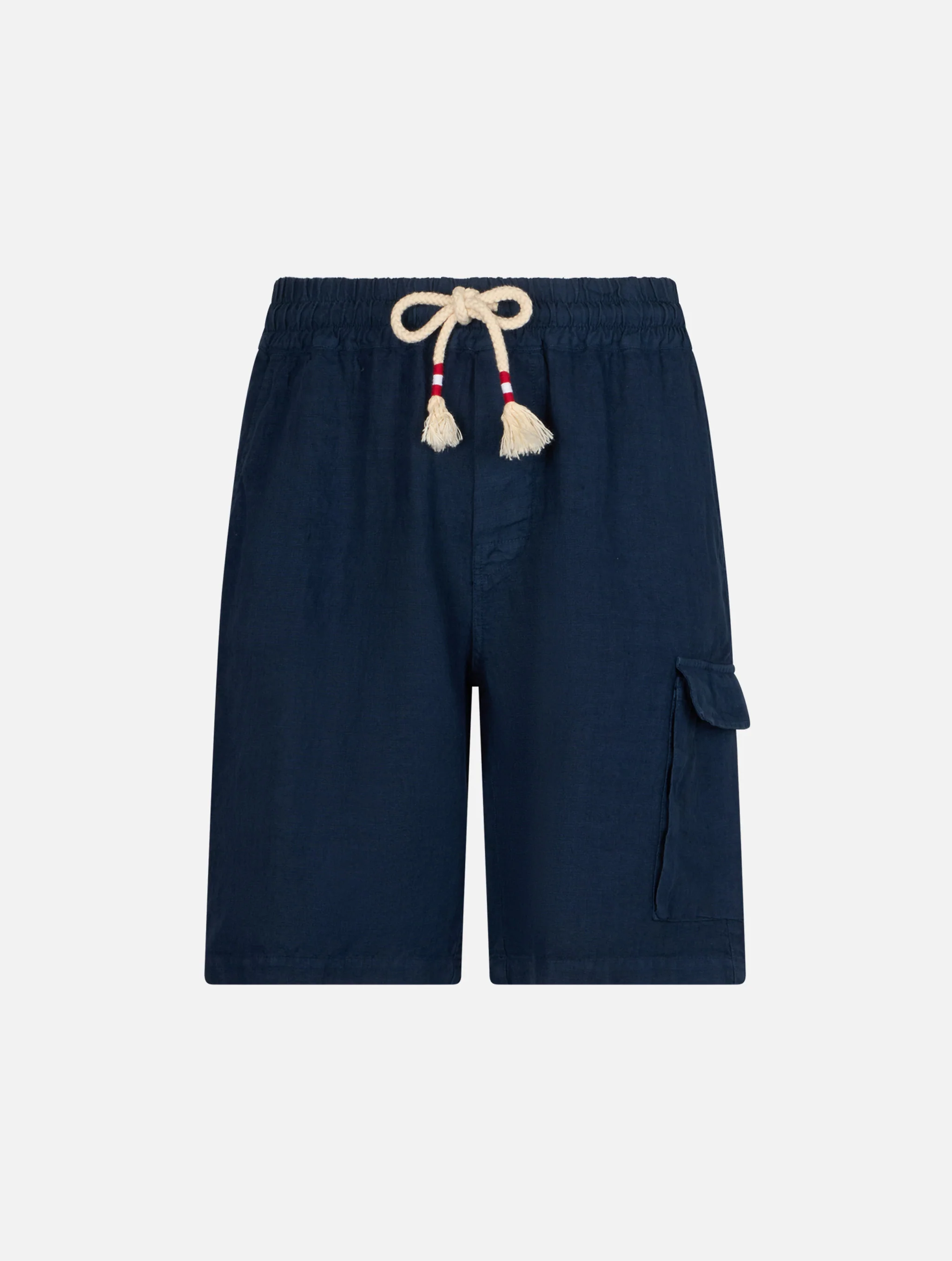 Herenbermudashorts van linnen in marineblauw, elastische tailleband, trekkoord, utility-zak, achterzakken met knoopsluiting, merklabel | MC2 Saint Barth