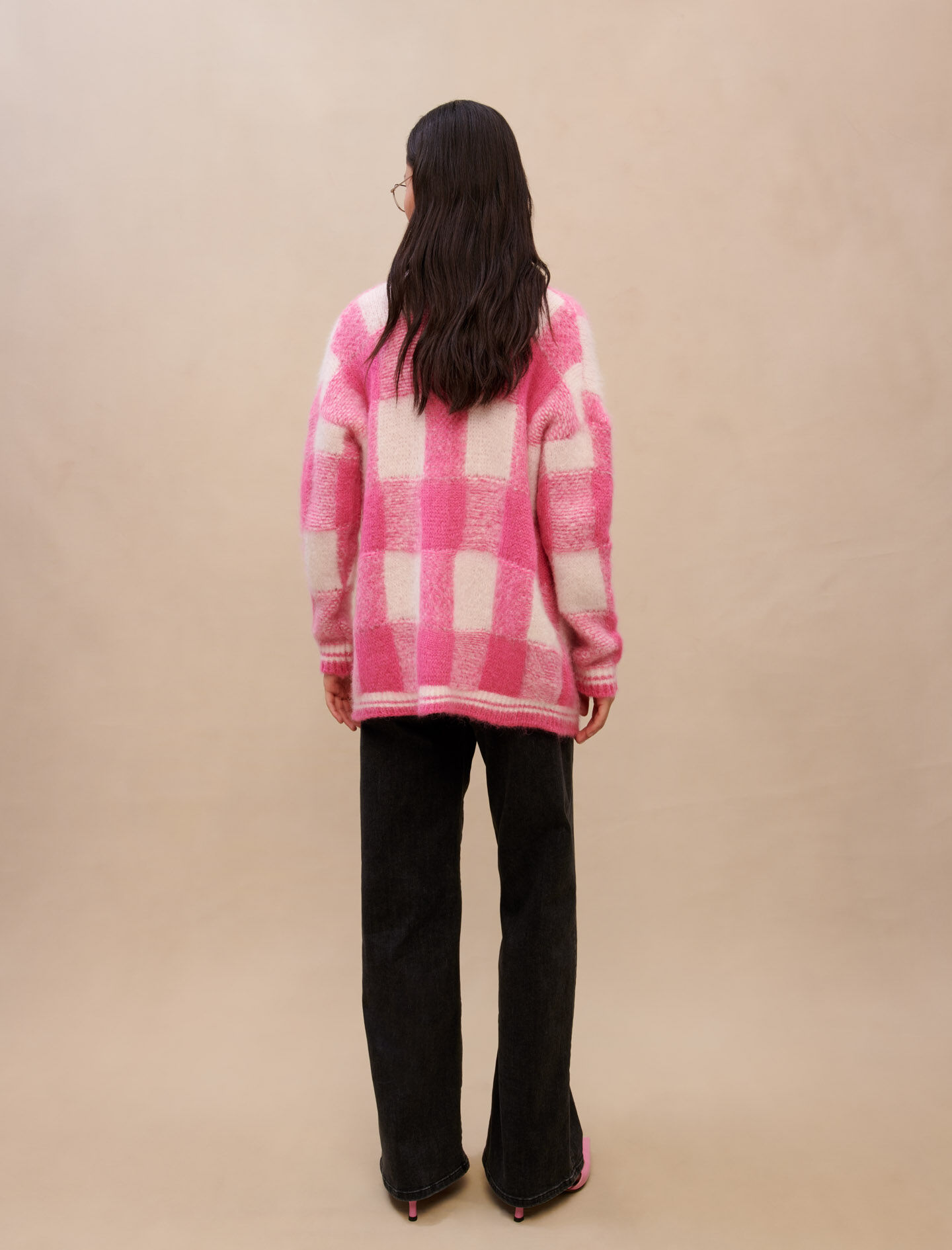 Geruite jacquard cardigan - Rose Fluo/Blanc