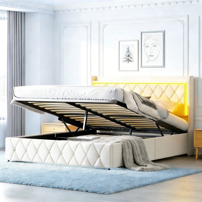 Letto 140x190 cm - NMONET - LED - tessuto velluto - struttura letto matrimoniale 140x190 cm - beige