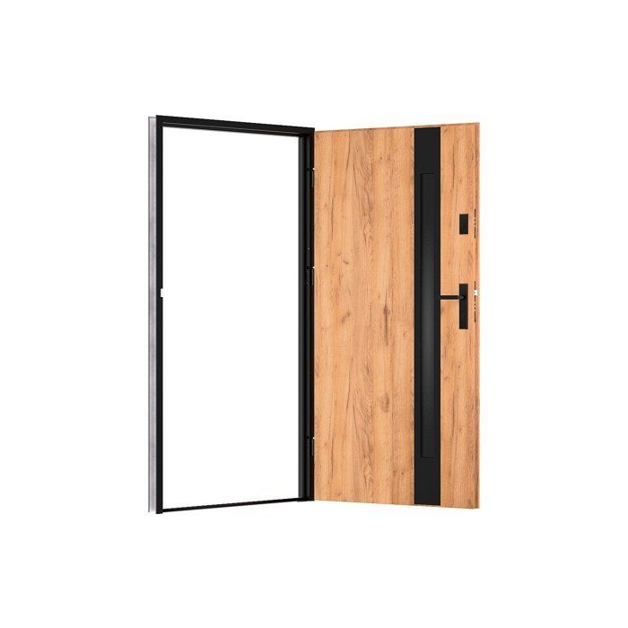 Solid steel and stainless steel front door, 207 cm high x 100 cm wide - smoked glass - oak and black effect - 55 mm thick - right-hand opening - BRAGA