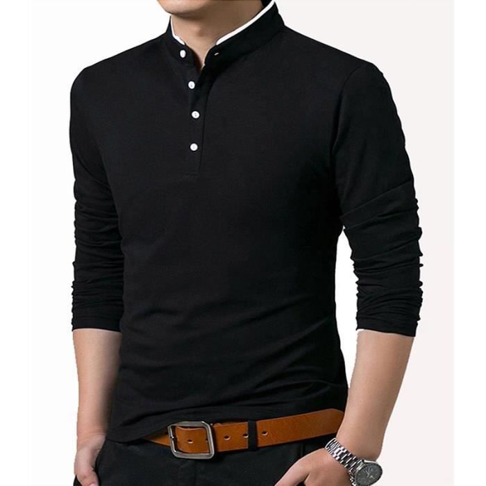 T-shirt da uomo a maniche lunghe, tinta unita, vestibilità slim, collo alto, ideale per primavera e autunno - nera