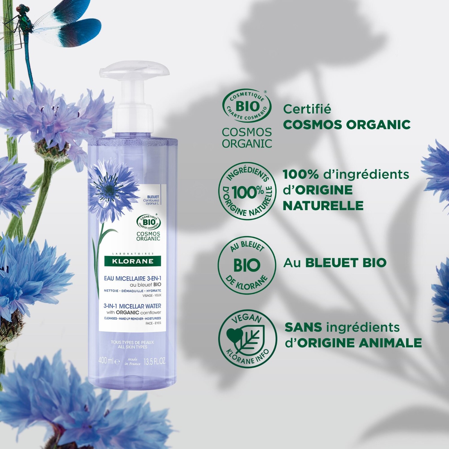 Klorane Eau Micellaire 3-en-1 au Bleuet BIO