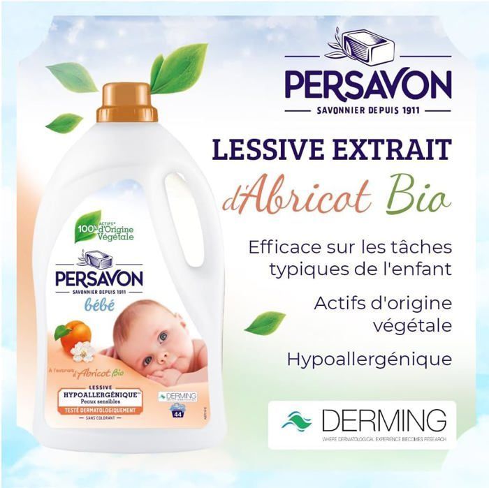 Lessive Bébé,à l'Extrait d'Abricot BIO,Hypoallergénique,Peaux Sensibles,Sans Colorant 2000ml(2pcs)