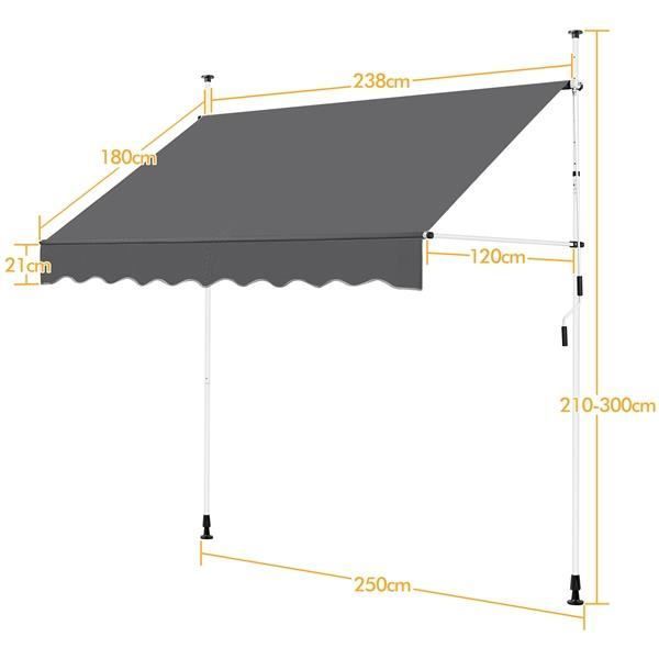 Yaheetech - Manual Retractable Awning, Gray - 250 x 120 cm - Height and Tilt Adjustable - Balcony, Terrace, Garden