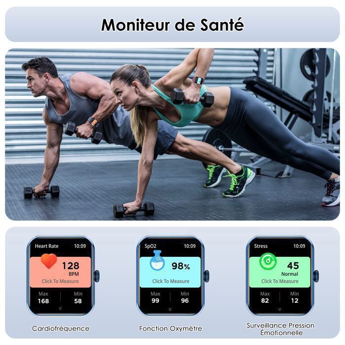 Blackview Montre Connectée Homme Appel Bluetooth Smartwatch Sport avec SpO2/Sommeil/Cardio/Étanche/100+ Sportif / 2 Bracelets Bleu