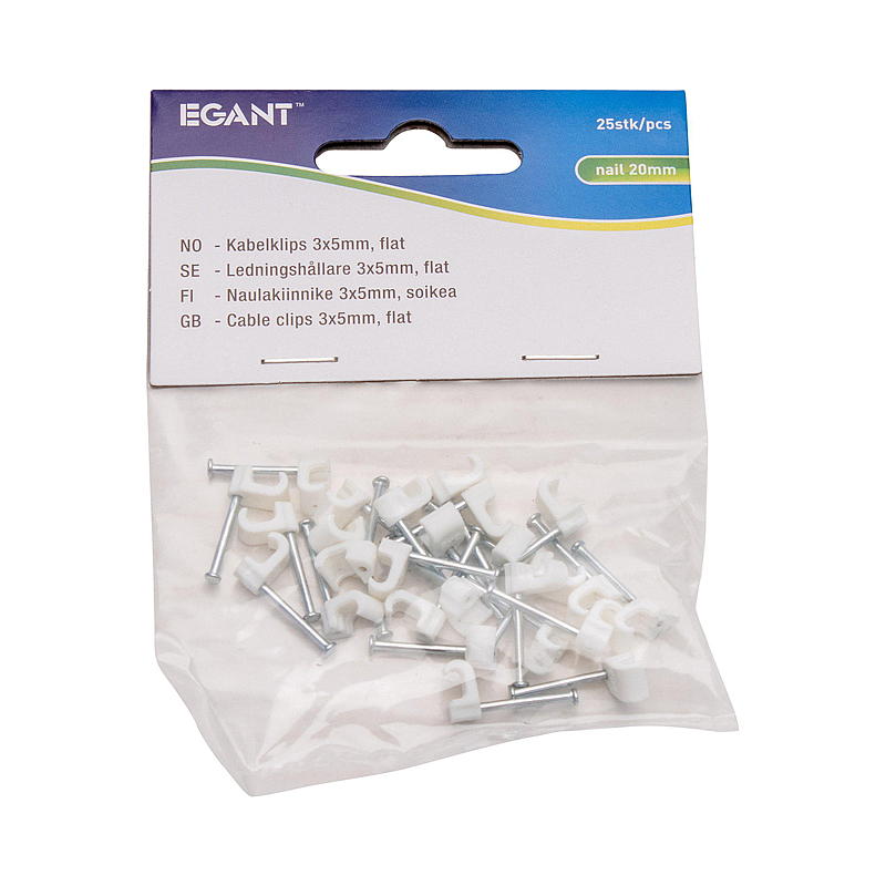 Egant Kabelklemmer 25-pakning 3x5 mm flat hvit, Egant