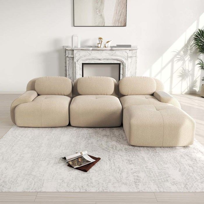 Sofá modular de 3 lugares - Espuma de alta resiliência - Não requer montagem - Bege - Veludo cotelê - Com apoios de braço