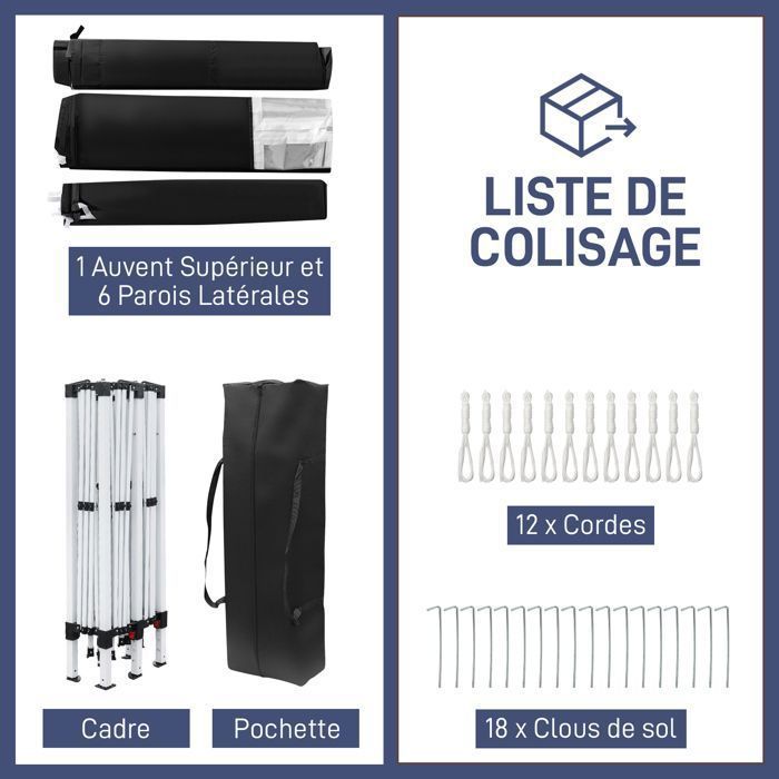 Cenador de jardín, cenador plegable de 3x6 m con 6 paneles laterales, carpa plegable para fiestas, color negro.