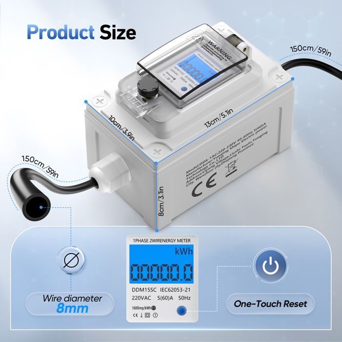 Compteur électrique numérique mobile 230 V 60 A, extérieur, KWH, étanche IP67, prise industrielle, LED, avec réinitialisation
