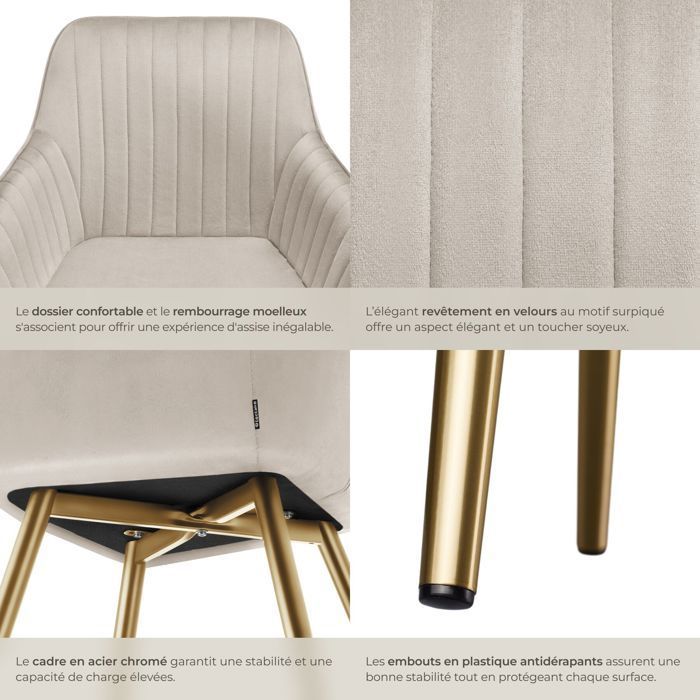 Stoel - TECTAKE - MARYLIN eetkamerstoel met fluweel en gewatteerde look en gouden stalen poten - Taupe/Goud