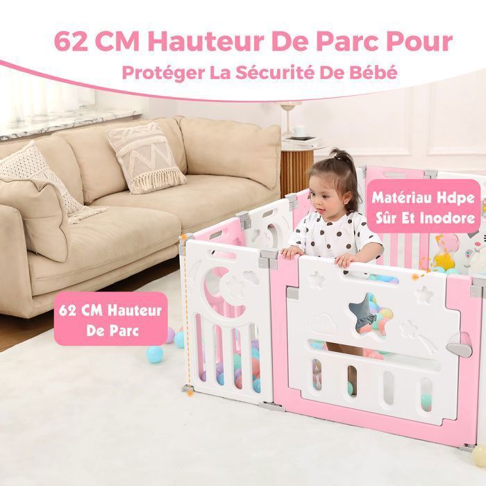 Parc Bebe 12+2 Panneaux, Parc XL Enfant Modulable Avec Verrouillage de Sécurité, Forme Réglable, Pliable, Barriere Bebe, Rose