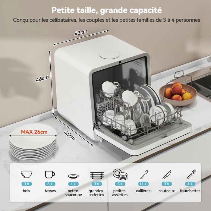 Mini Freestanding Dishwasher, 4 Place Settings, 6 Programs, Drying Function, 5L Water Tank, 45 cm