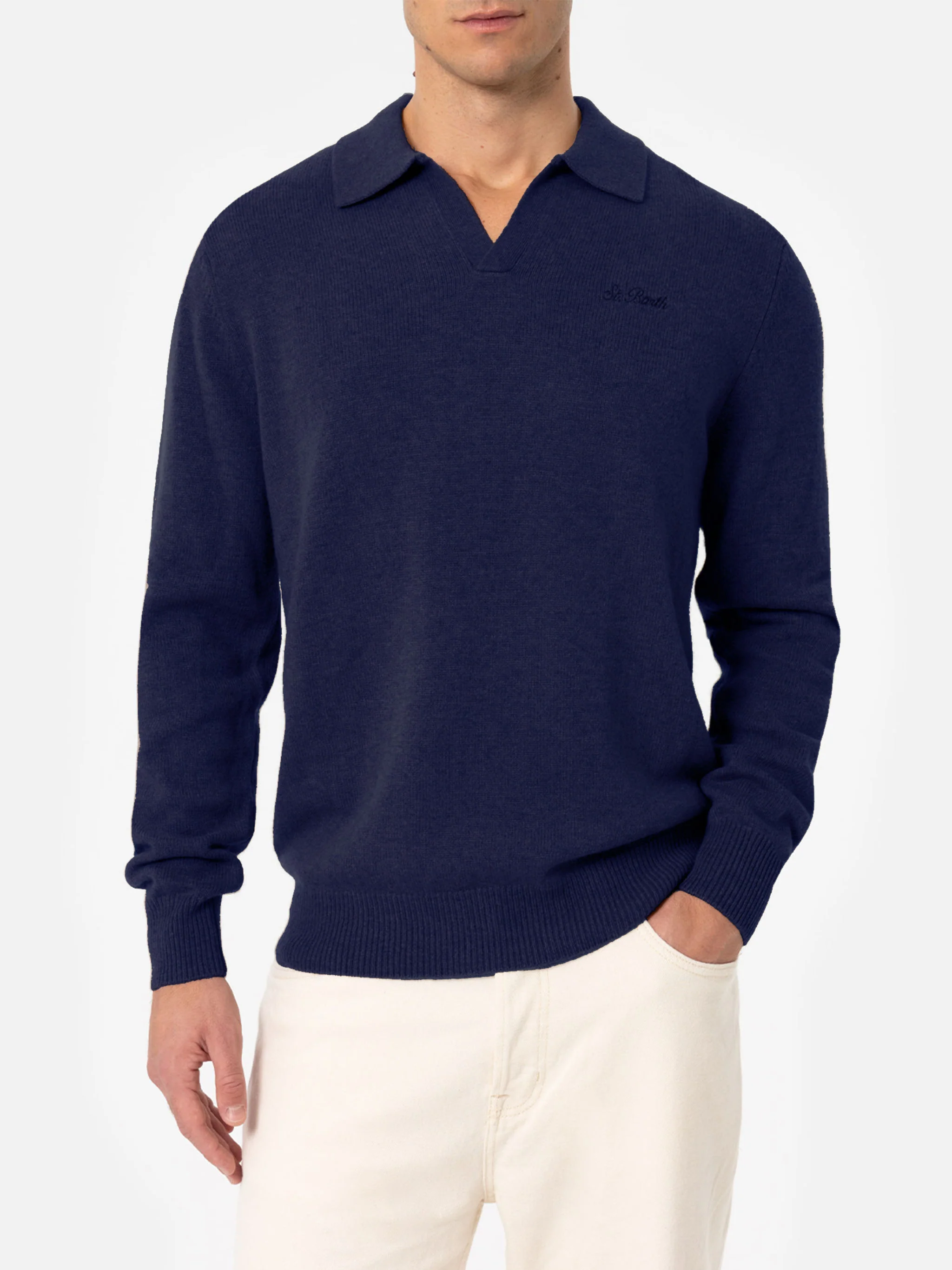 Covent marineblauwe poloshirt van puur kasjmier
