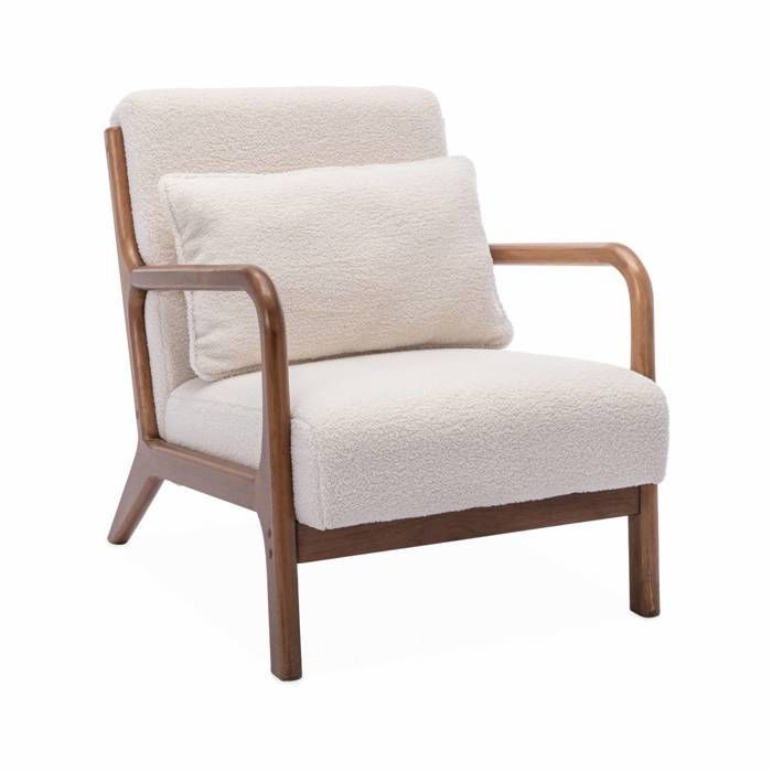 Sillón tapizado con tejido de bucle. Patas de madera de caucho teñidas en nogal claro. Asiento fijo y recto. Patas de estilo escandinavo. Estructura de madera maciza.