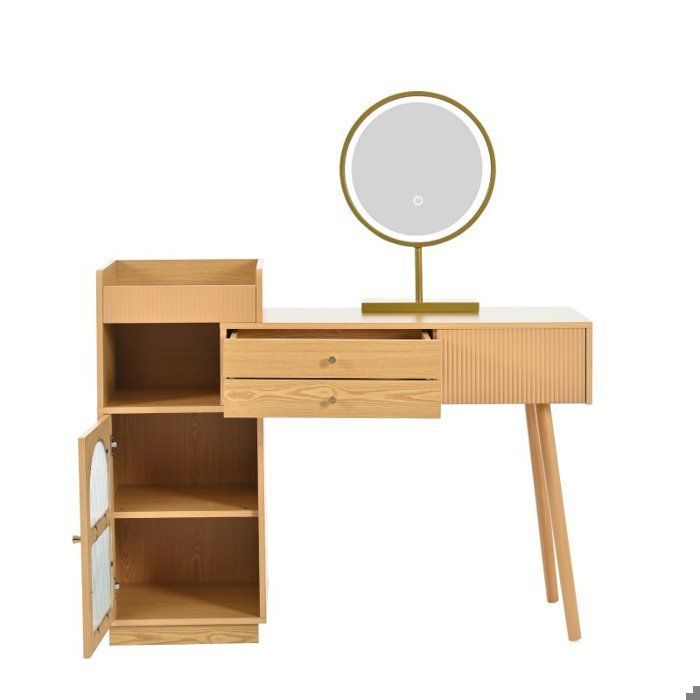 Ensemble de coiffeuse - LANGTU - Coiffeuse avec miroir et éclairage 3 couleurs - 3 tiroirs - Aggloméré E1 - Portes verre arc-en-ciel