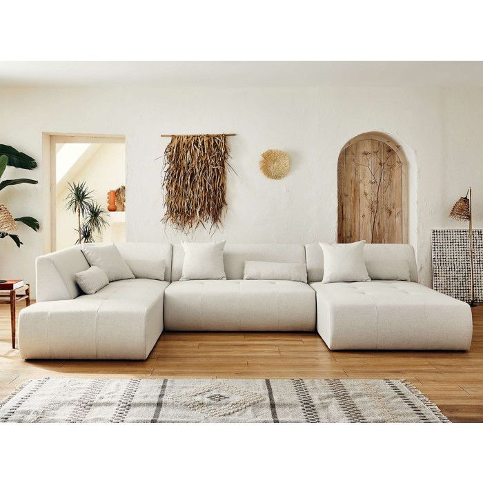 Onyx - Sofá modular panorâmico de canto com 7 lugares, chaise à esquerda - em tecido - Bege