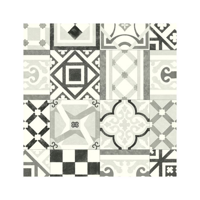 Suelo vinílico con diseño de baldosas de cemento envejecidas en blanco y negro - rollo de 3 m x 2 m