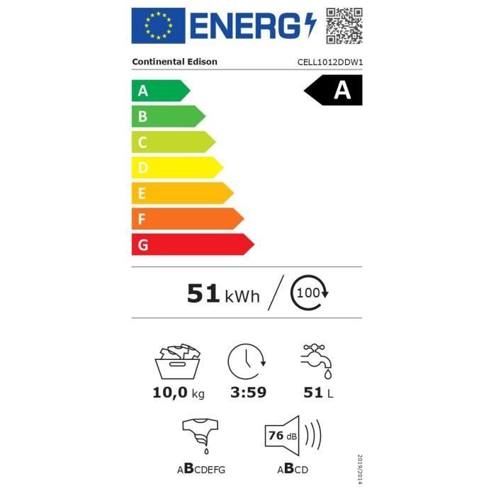 Lavadora de carga frontal - CONTINENTAL EDISON - CELL1012DDW1 - 10 kg - MOTOR DE INDUCCIÓN DIRECTA SIN CORREA - 60 cm - 1200 rpm - Blanca