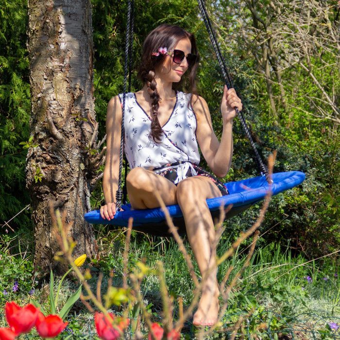 Columpio redondo tipo nido de pájaro Relaxdays para jardín con asiento, carga máxima 100 kg, para exteriores, alto x ancho x profundidad: 145 x 100 x 100 cm, azul