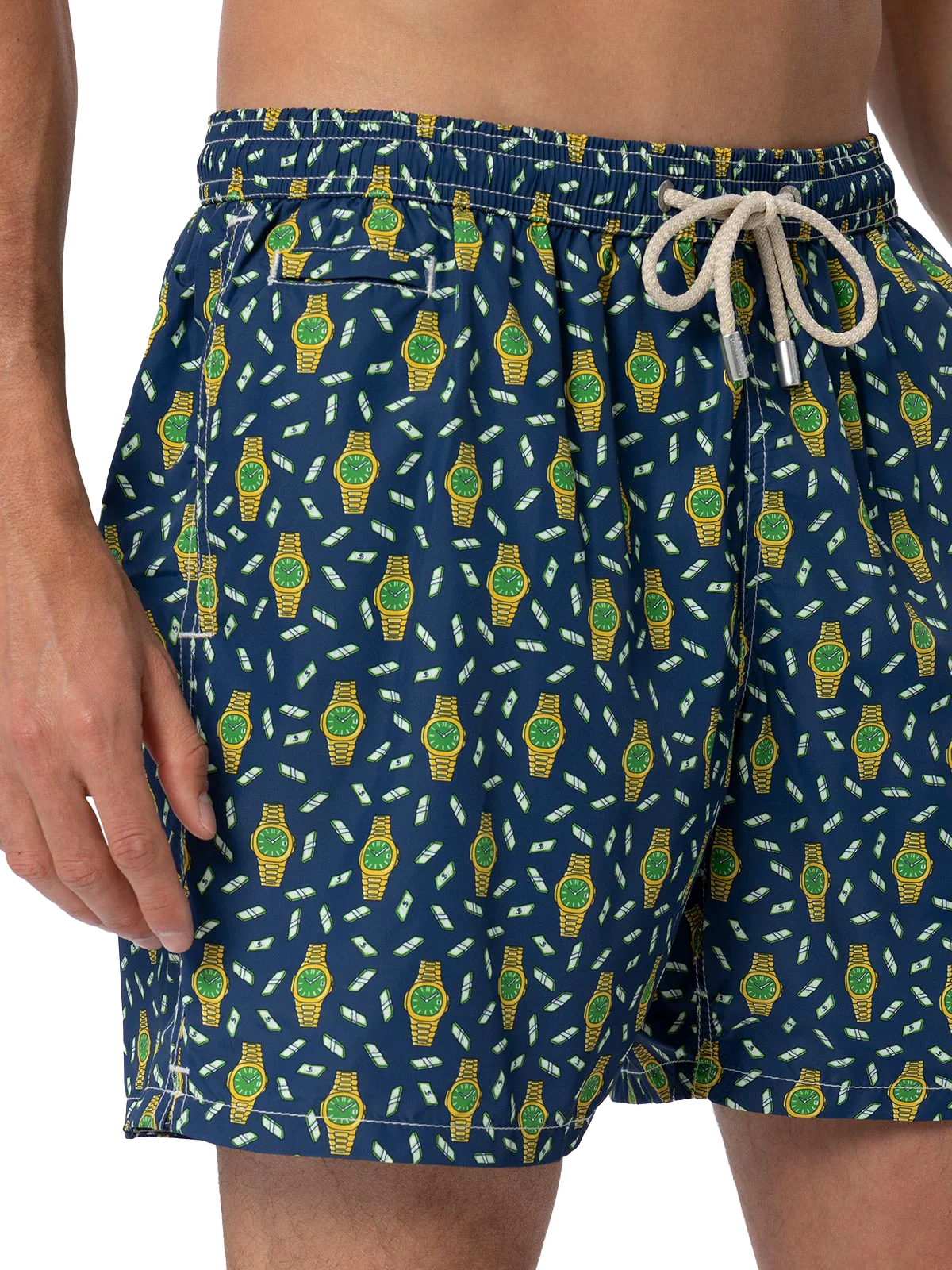 Man Lighting Mid-Length Swim Shorts with Watches Print | Blue | Quick-Drying, Elasticized & Adjustable Waist, Back Patch Pocket | MC2 Saint Barth