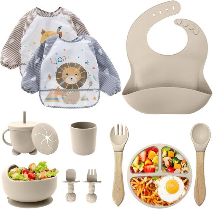 Assiette Bebe,Lot de 12 Set Repas BéBé, Bol Cuillere Bebe,Bavoir Silicone Bebe,Assiette Ventouse Pour BéBé