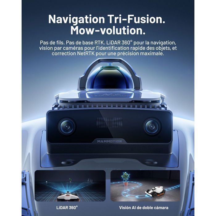 Cortador de grama robótico perimetral sem fio MAMMOTION LUBA 3 AWD 1500, com LiDAR 360° + câmera dupla com controle por IA, inclinação de 80%.