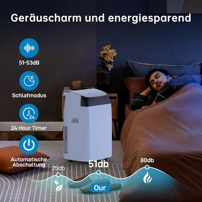 Aire acondicionado portátil de 12000 BTU, refrigeración, deshumidificador, ventilador 4 en 1 con modo de suspensión y temporizador de 24 horas.