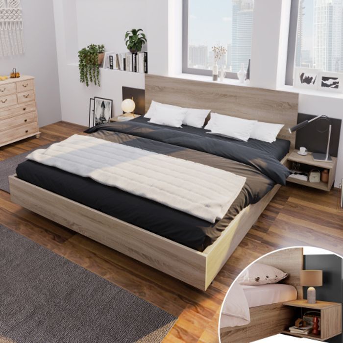 Cama de adulto, cama de madera con 2 mesitas de noche, conjunto de dormitorio - gris oscuro, 160 x 200 cm
