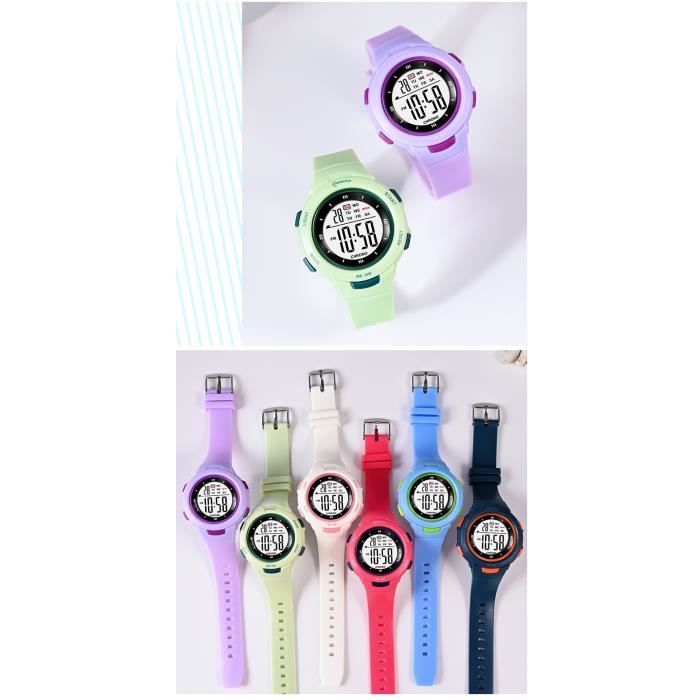 Reloj digital morado para niñas, resistente al agua hasta 3 ATM, con pantalla fluorescente sencilla y pantalla multifuncional.