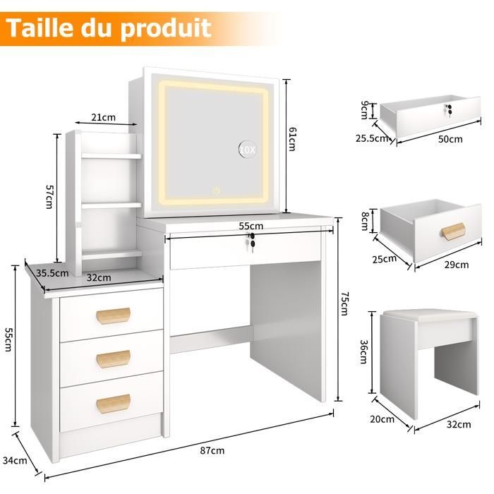 Schminktisch mit LED-Spiegel und Hocker – NHHF – 87 x 36 x 136 cm (B x T x H) – 3 Beleuchtungsmodi – mit 4 Schubladen und 7 Ablagen – Weiß