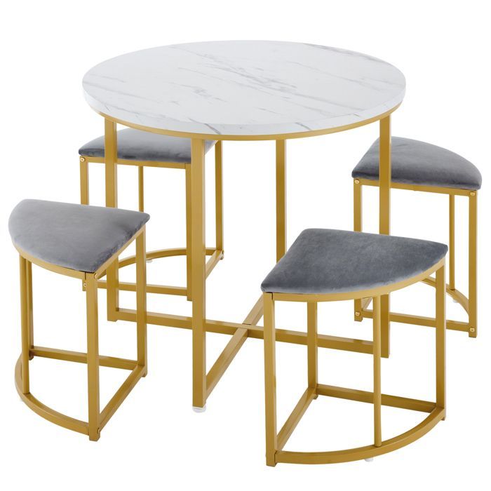 DRIPEX Dining Table with 4 Chairs, Modern Kitchen Table Set, MDF + Gold Iron Frame, Velvet Chairs, 80x80x75cm, Grey