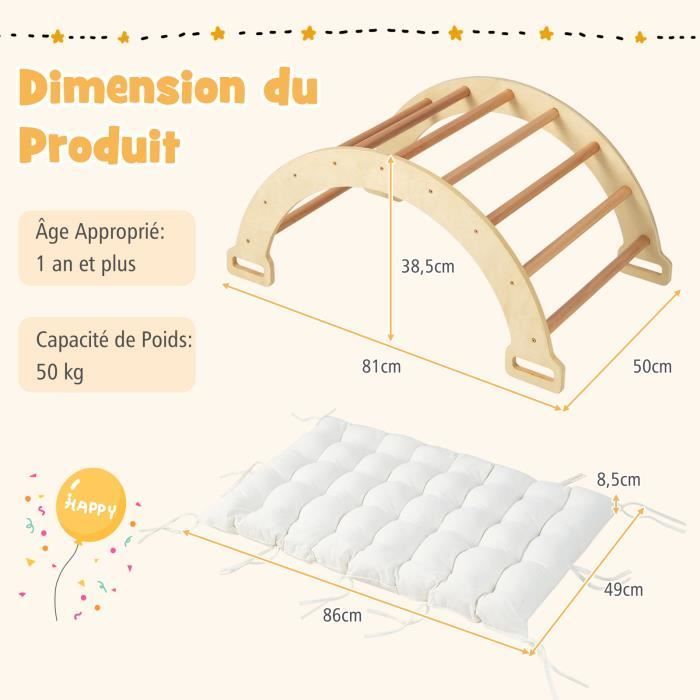 DREAMADE Arco de escalada de madera 2 en 1 para niños, juguete mecedor con cojín suave, soporta hasta 50 kg.
