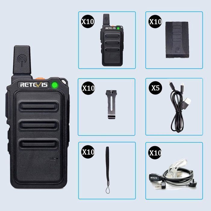 Retevis RT619 Mini Walkie Talkie with Earpieces, PMR446 1300mAh Rechargeable, Metal Back Clip, VOX, for School (10 Pcs)