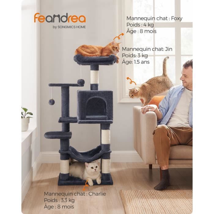 Feandrea Arbre à Chat Hauteur 112 cm, avec 4 Poteaux à Griffer, 2 Plateformes, 1 Niche, 1 Hamac, 2 Pompons, Multi-Niveaux, Gris