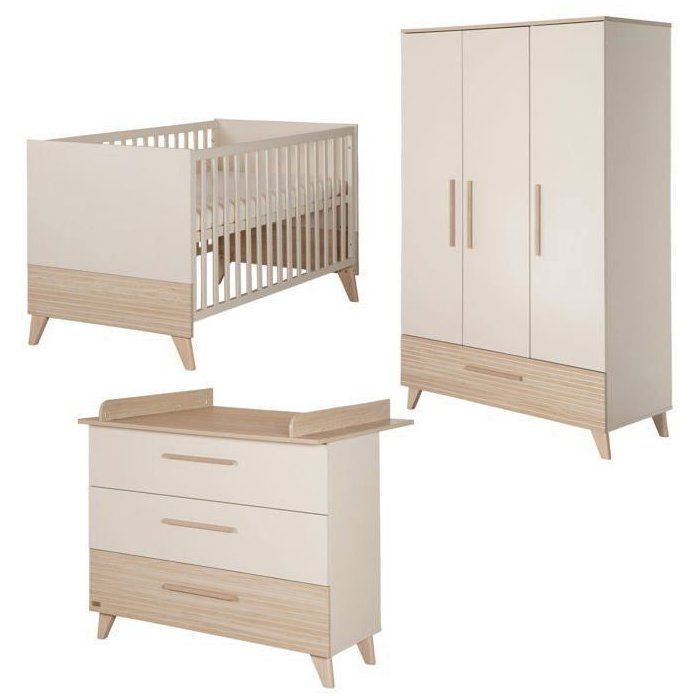 Conjunto de tres muebles para habitación infantil: cuna convertible de 70 x 140 cm + cambiador + armario - SIDNEY - ROBA - Roble / Beige