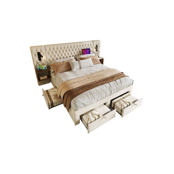 Letto contenitore 180x200 cm, letto matrimoniale con contenitore integrato, rivestimento in velluto, ripiani laterali, porte USB