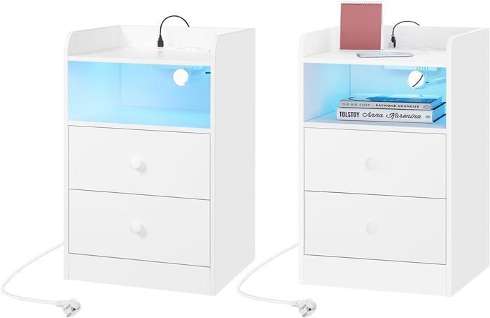 Juego de 2 mesitas de noche WOLTU con luz LED, mesa auxiliar con estación de carga, enchufes y puertos USB, color blanco W0ETT0150-2